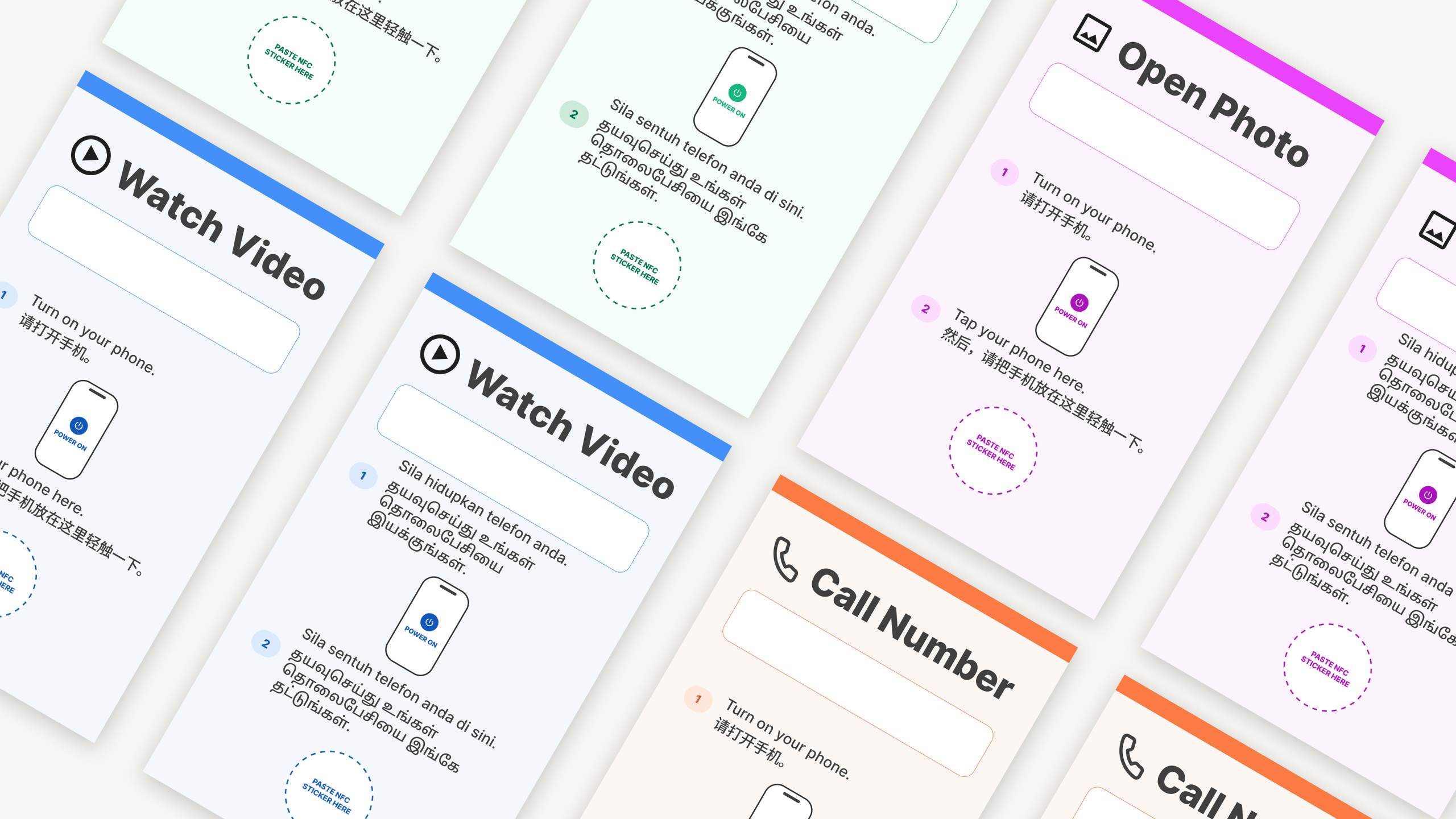 A tilted grid of printed NFC cards in blue, green, purple and orange, each for one task such as Watch Video, Open Photo or Call Number, with numbered steps in English, Chinese, Malay and Tamil and a dashed circle marking where to paste the NFC sticker.