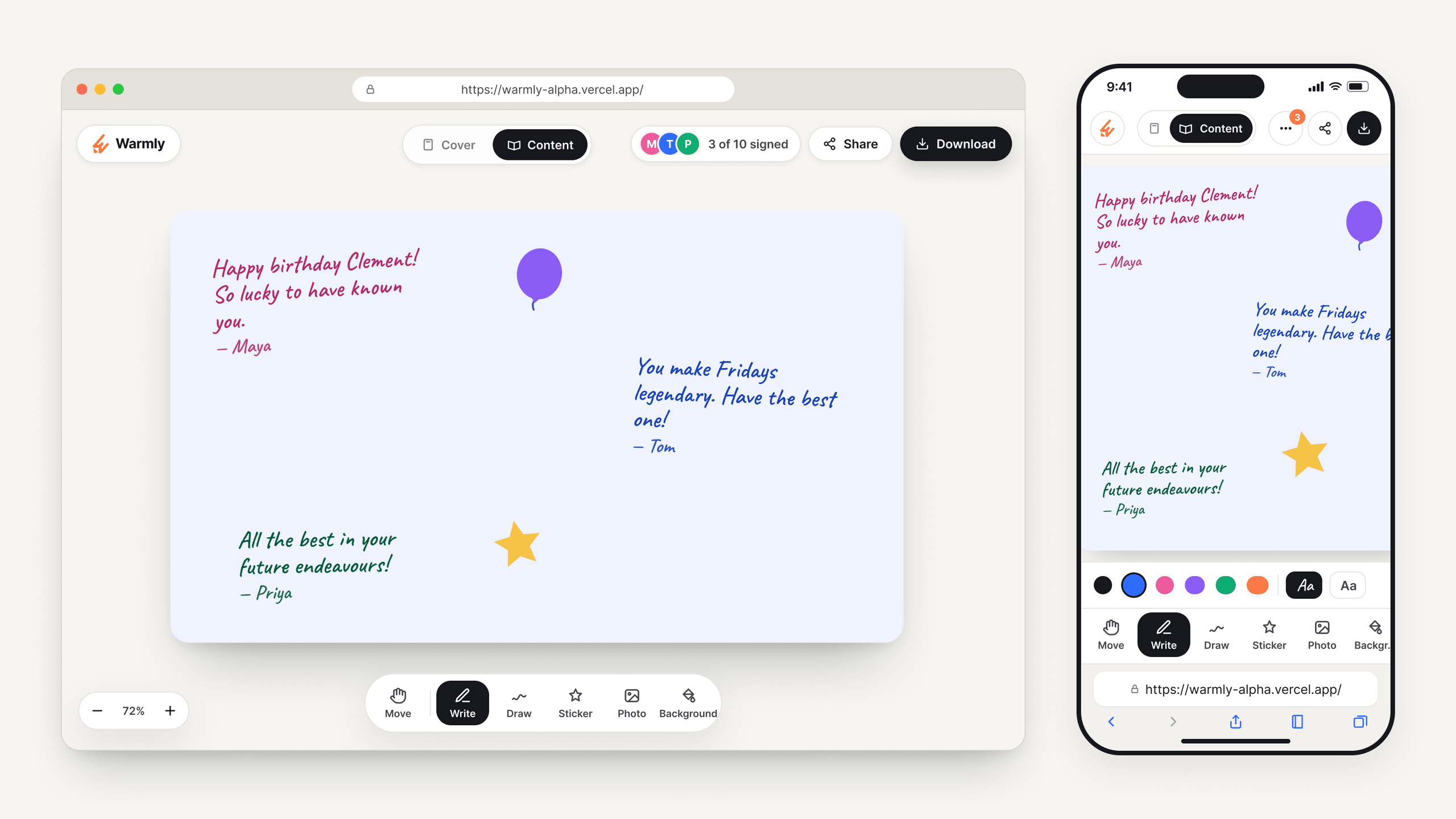 Warmly in a desktop browser and on an iPhone, showing the same birthday card with handwritten notes from Maya, Tom and Priya, a balloon and a star sticker, and the Move, Write, Draw, Sticker, Photo and Background toolbar.