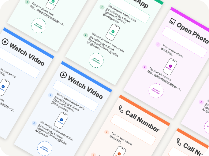 A tilted grid of printed NFC cards for tasks such as Watch Video, Open Photo and Call Number.