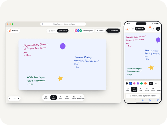 Warmly in a desktop browser and on an iPhone, showing the same birthday card with handwritten notes.