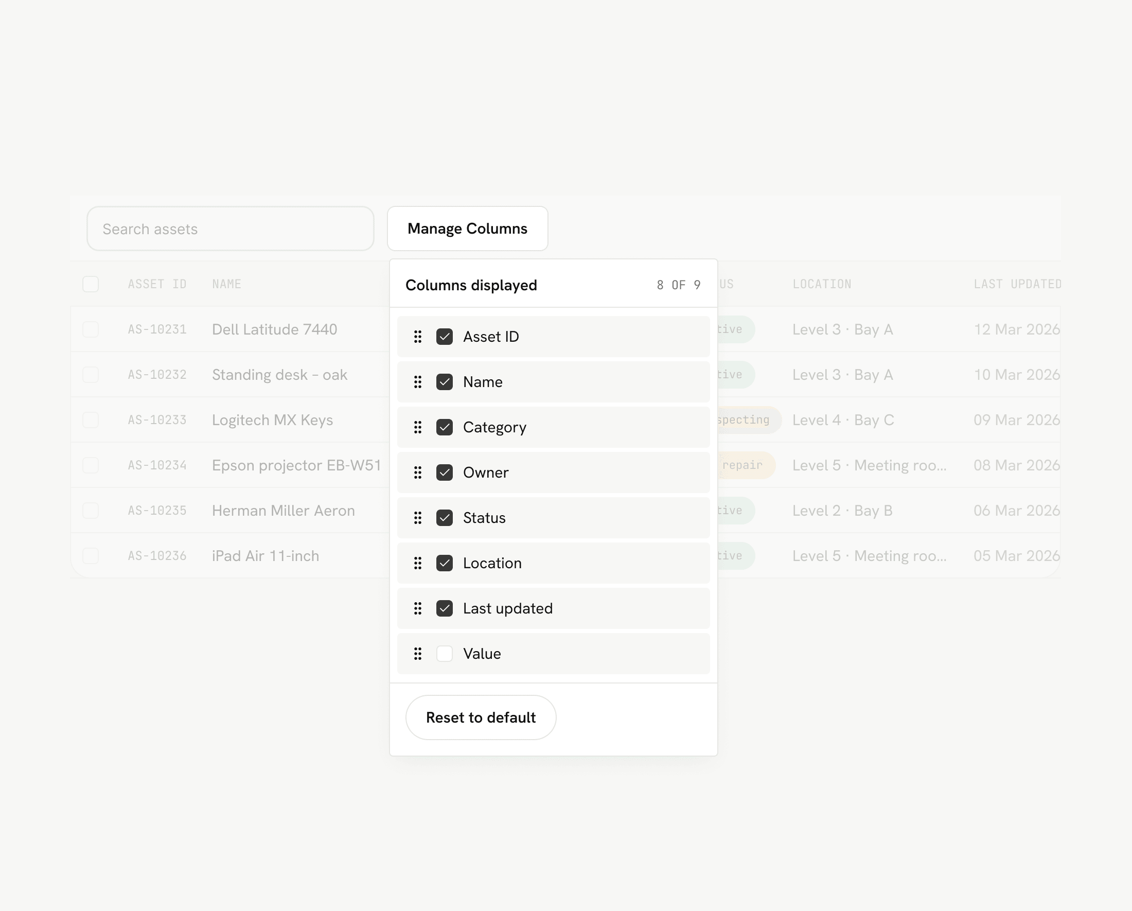 A Manage Columns popover open over a dimmed table, titled Columns displayed, 8 of 9. Each column has a drag handle and a checkbox; Value is unchecked. A Reset to default button sits at the bottom.