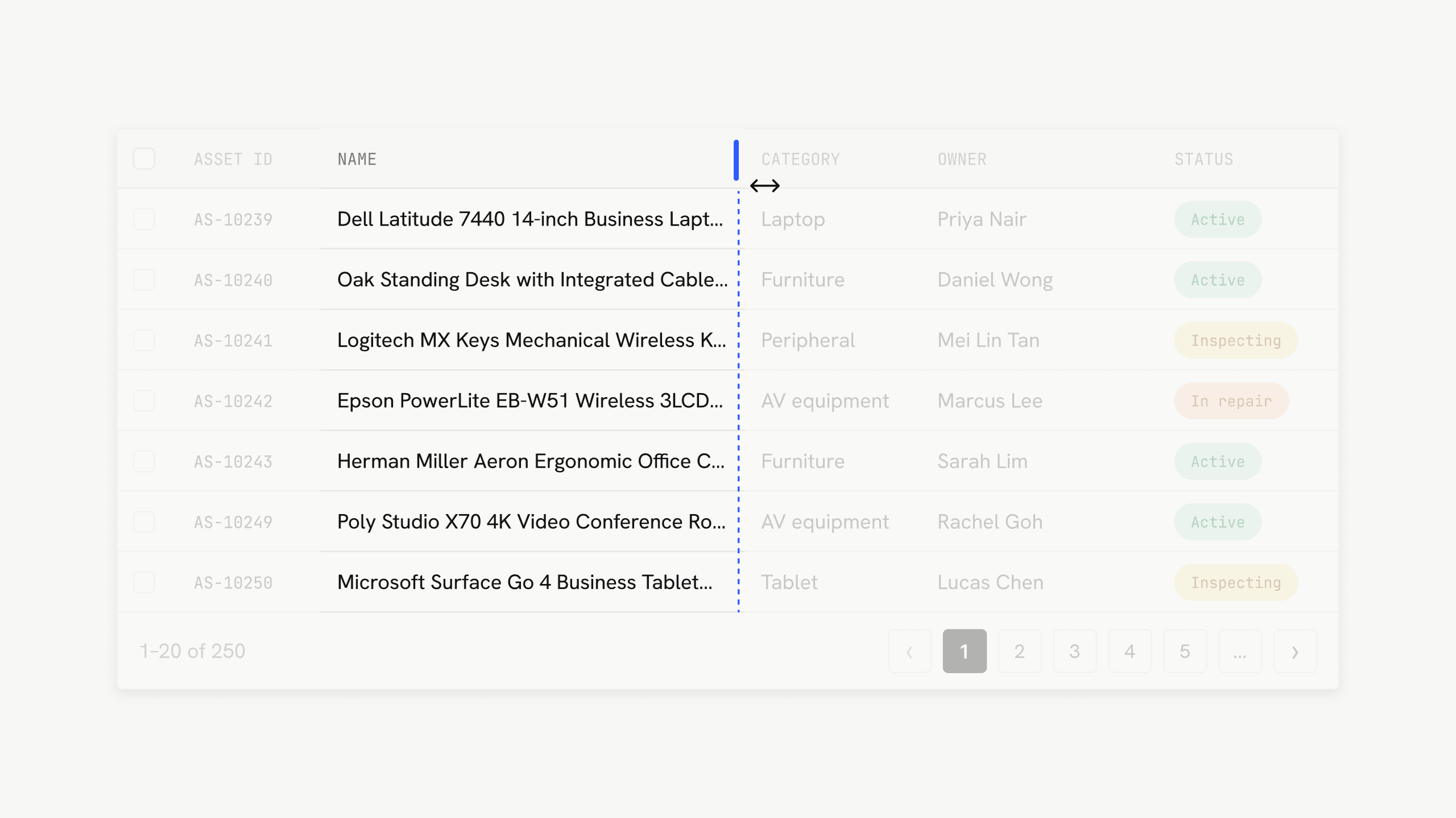An asset table with the Name column highlighted. A blue handle on its right edge and a dashed guide show the column being dragged wider, with a resize cursor beside it. Long item names are truncated with an ellipsis; the other columns are dimmed.
